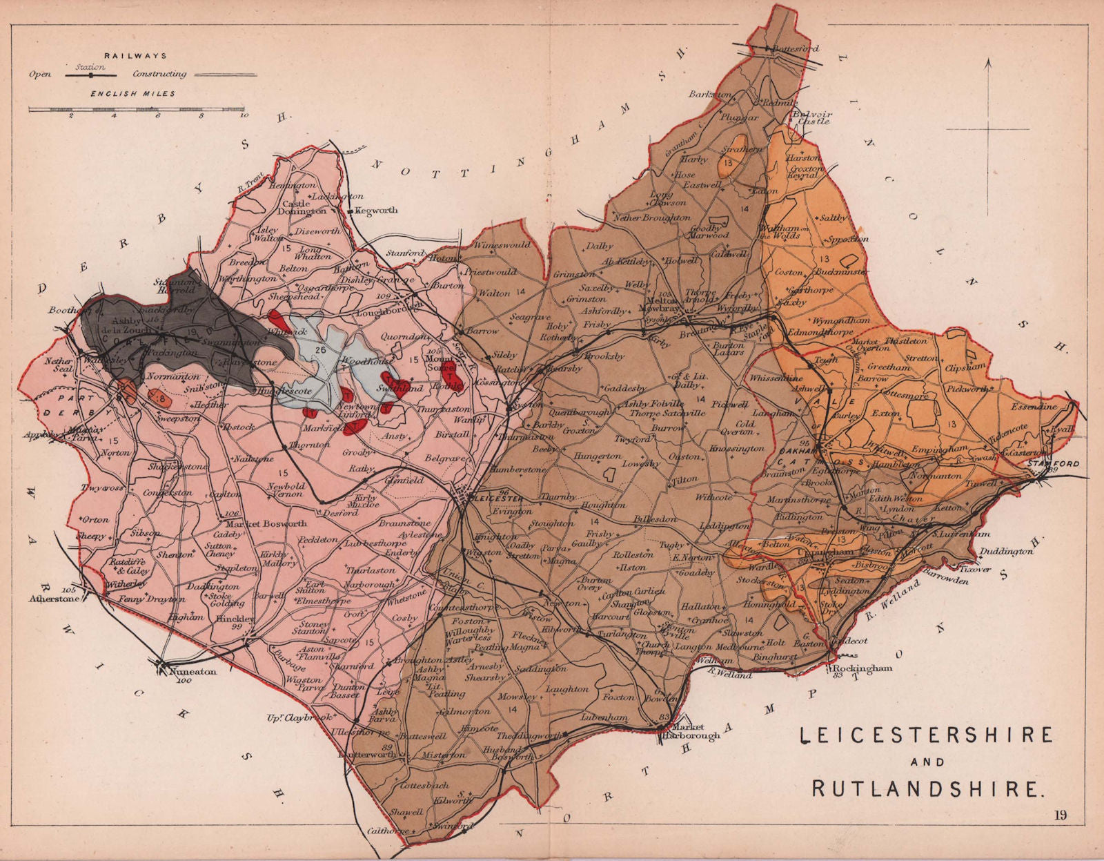 LEICESTERSHIRE & RUTLANDSHIRE antique geological county map. James Reynolds 1864